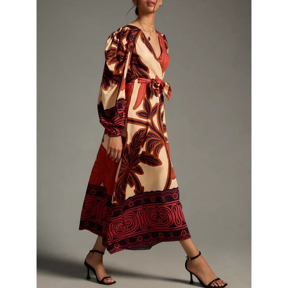 🏷️NWT Eugenia Fernández V-Neck Long Sleeve Printed Midi Dress In Brown - XS